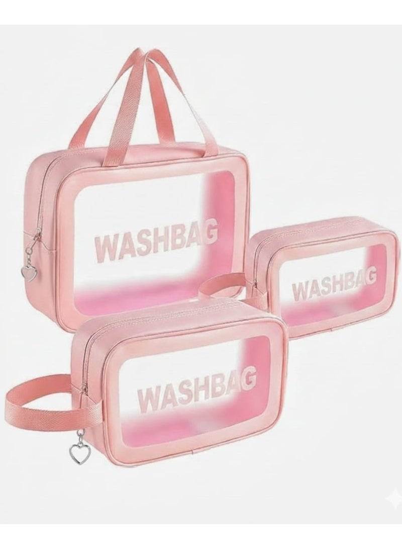 Toiletry Bags - Waterproof Cosmetic Laundry Bag Zipper Makeup For Women And Girls 3 Pieces Travel & Holiday Accessories PVC plastic and eco-friendly polyurethane leather Transparent  (Pink) - Image 1
